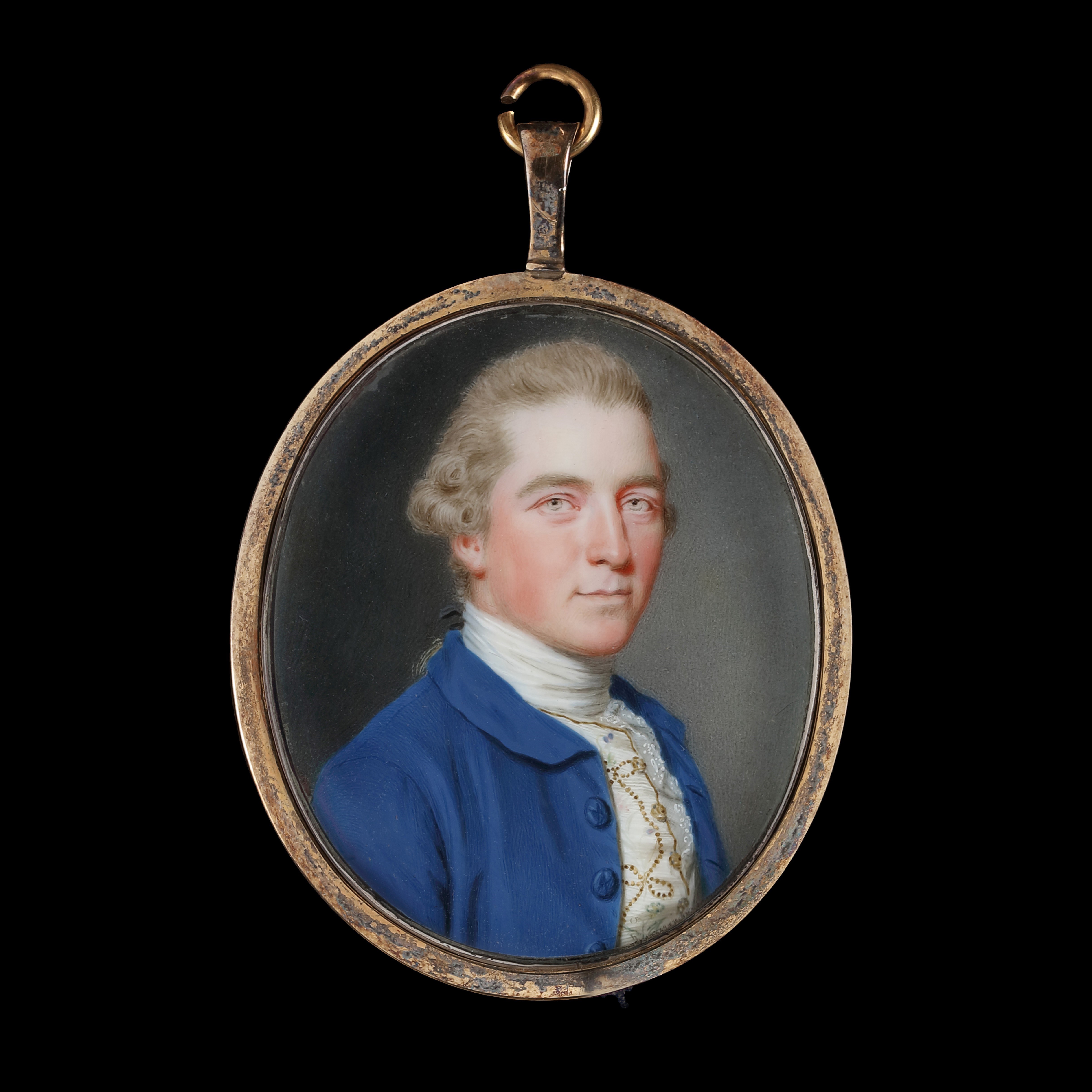 A Gentleman, traditionally identified as Mr. Ridley, wearing a blue jacket, with lace shirt and white waistcoat embroidered with flowers and gold thread